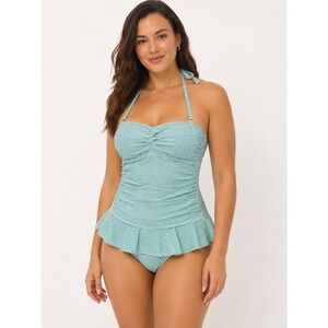 Lauren Ralph Lauren Green White Striped Seersucker Ruffle One Piece Swimsuit 10